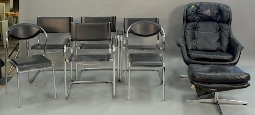 Mid-Century group of six chrome and black leather chairs along with black leather chair and ottoman.