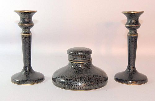 Chinese Cloisonné Enamel Inkwell and Candlesticks
