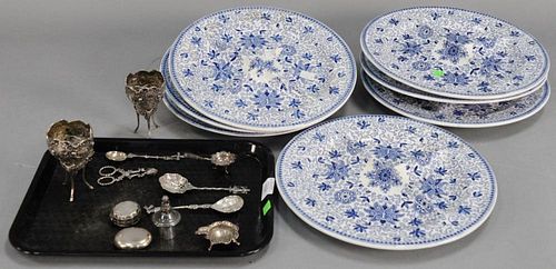 Tray lot with Continental silver and silverplate along with a set of Ashworth Hanley plates.