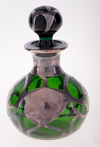 Green Glass Perfume Bottle With Silver Overlay