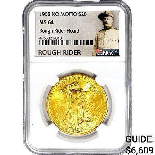 1908 $20 Gold Double Eagle NGC MS64 Rough Rider Ho