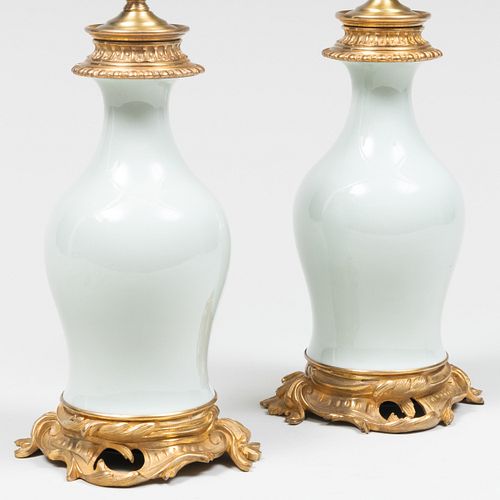 Pair of Ormolu-Mounted Chinese Pale Green Glazed Porcelain Vases Mounted as Table Lamps