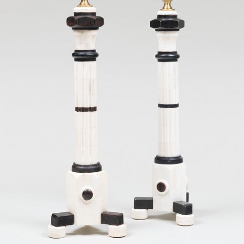 Pair of Bone Veneer and Ebony Columnar Lamps