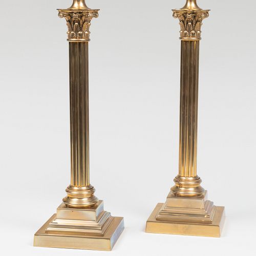 Pair of Brass Corinthian Capital Columnar Lamps