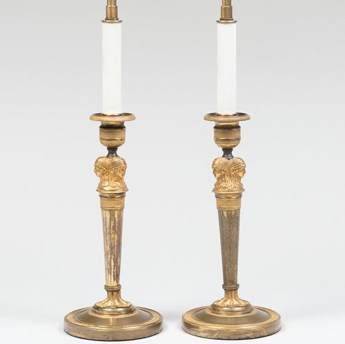 Pair of Empire Ormolu Figural Candlestick Lamps