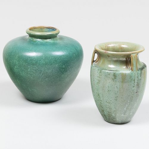 Two Fulper Green Glazed Pottery Vases