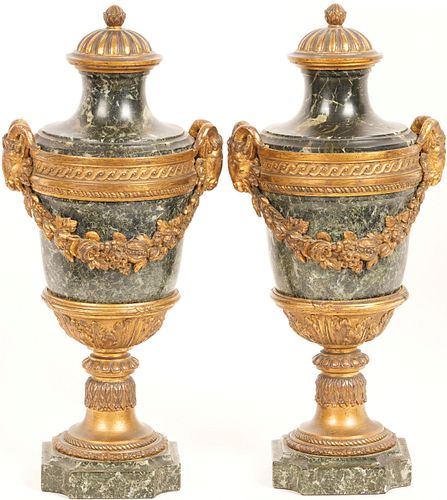 Pair Louis XVI Style Gilt Bronze Mounted Marble Urn