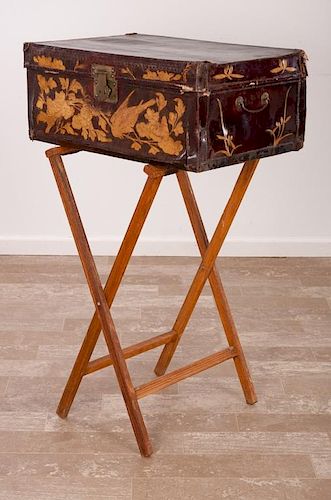 Chinese Gilt Decorated & Lacquered Leather Trunk