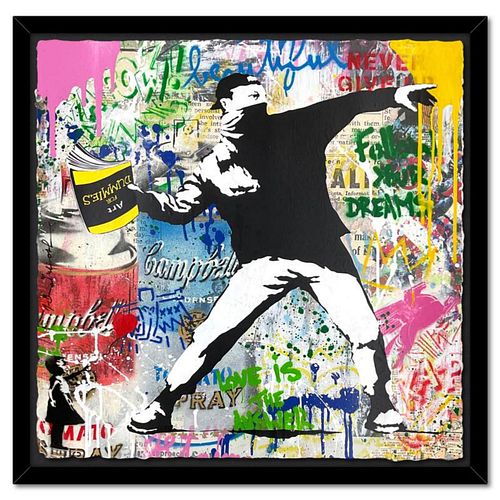Mr. Brainwash- Original Mixed Media on Deckle Edge Paper "Banksy Thrower"