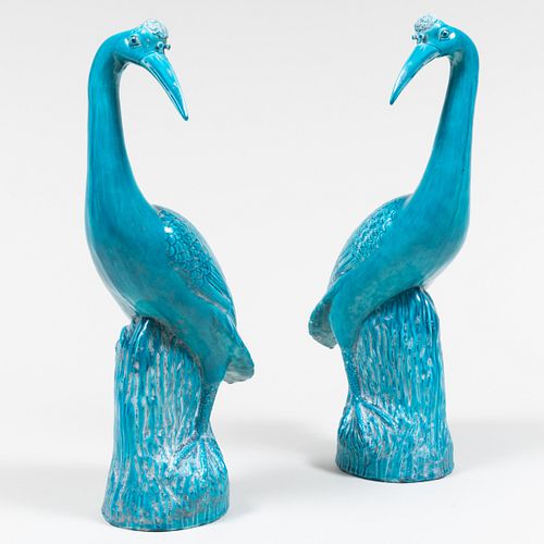 Pair of Chinese Turquoise Glazed Porcelain Models of Cranes