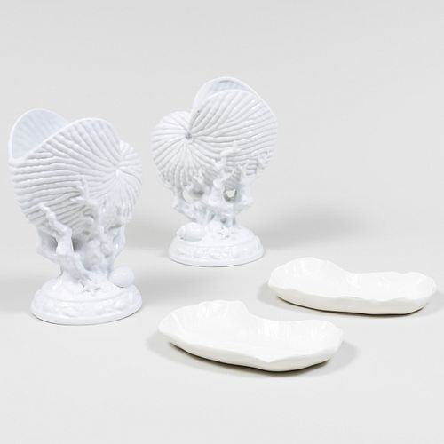 Pair of White Porcelain Shell-Form Vases together with a Pair of Leaf Form Dishes