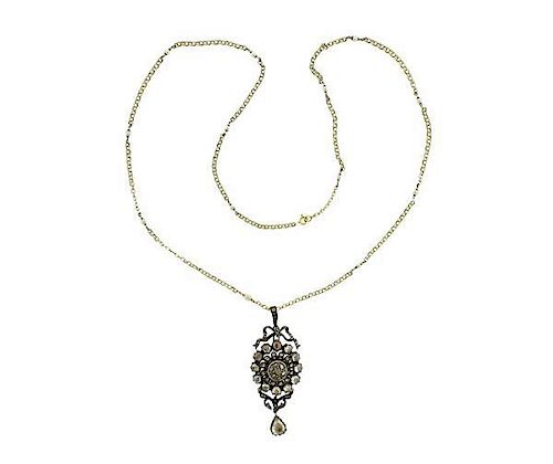 Antique 18K Gold Silver Rose Cut Diamond Pearl Pendant Necklace