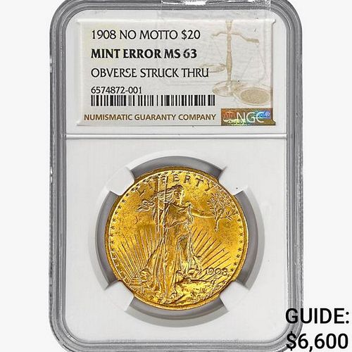 1908 $20 Gold Double Eagle NGC MS63 OBV Struck Thr