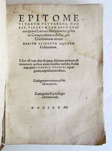 1541 PLUTARCH'S EPITOME OF LIFE, 16TH-CENTURY PLUTARCH ANCIENT

