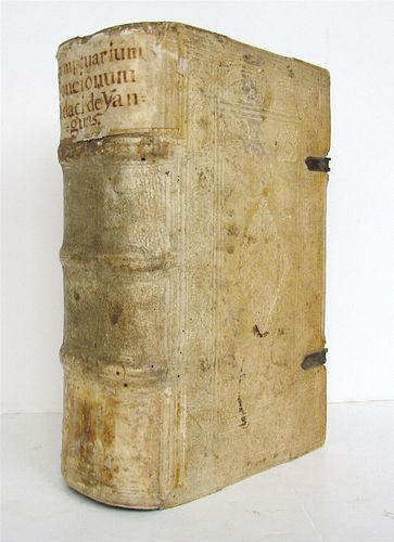 1605 ANTIQUE PIGSKIN BINDING WITH CLASPS, ABOUT 17TH CENTURY