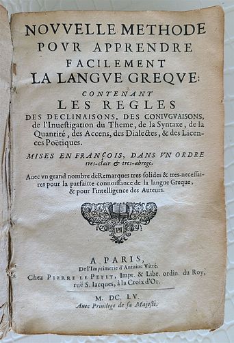 1655 FRENCH-LANGUAGE TEXTBOOK WITH GREEK LANGUAGE STUDY CONTENT, RARE ANTIQUE VELLUM BINDING