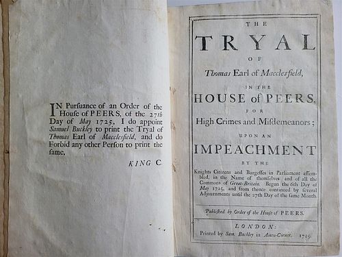 ANTIQUE FOLIO TRYAL OF THOMAS EARL OF MACCLESFIELD IN 1725 ENGLISH LAW BOOK