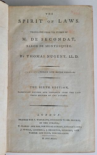 ENGLISH TRANSLATION OF M.DE SECONDAT BARON DE MONTESQUIEU'S 1793 SPIRIT OF LAWS ARCHAIC LAW