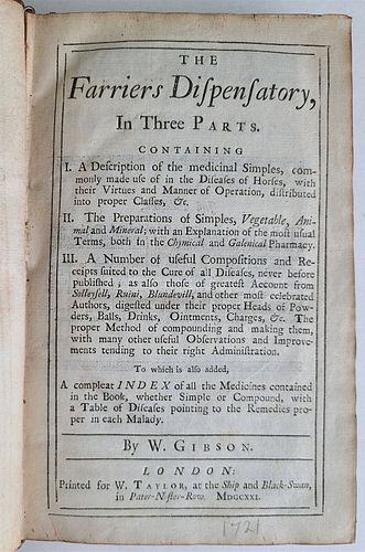 FIRST EDITION, ENGLISH-LANGUAGE MEDICAL BOOK ON HORSE DISEASES PUBLISHED IN 1721 BY FARRIERS.