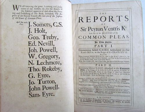 THE ENGLISH VERSION OF THE 1726 LAW BOOK REPORTS OF SIR PEYTON VENTRIS ANTIQUE FOLIO