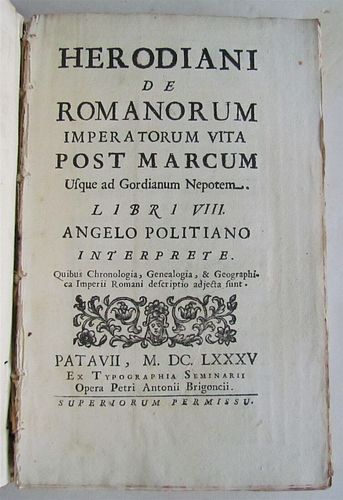 1685 HISTORY OF ROMAN EMPEROR BY HERODIANI ANTIQUE VELLUM BOUND
