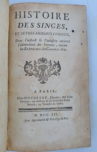 1752 HISTORY OF MONKEYS & OTHER CURIOUS ANIMALS ANTIQUE BY PONS AUGUSTIN ALLETZ