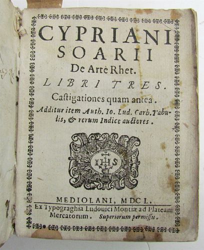 1649 CYPRIANO DE SOAREZ'S FIRST JESUIT RHETORIC TEXTBOOK, ANCIENT VELLUM