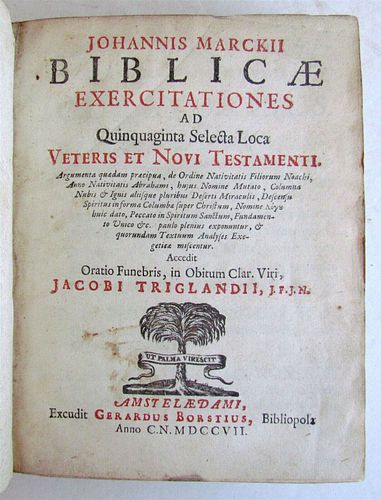 1707 BIBLICAE RESEARCH WORKS ANCIENT JOHANNIS MARCKII BIBLE VELLUM, GILT EMBOSSED