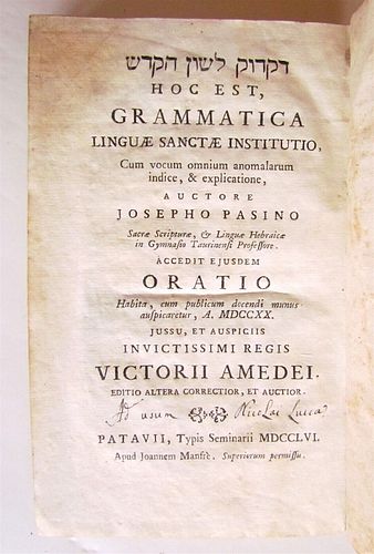 JOSEPH PASINI'S 1777 ITALIAN AND HEBREW GRAMMAR IS AN OLD VELLUM JUDAICA.