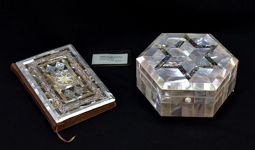 MOTHER OF PEARL AND ABALONE OCTAGONAL LIDDED BOX & NEW TESTAMENT