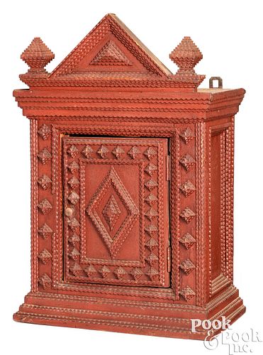 Painted tramp art hanging cupboard, late 19th c.