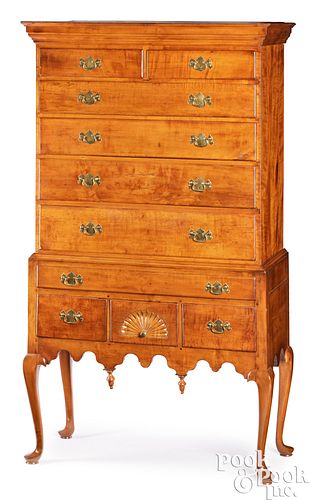 New England Queen Anne tiger maple high chest