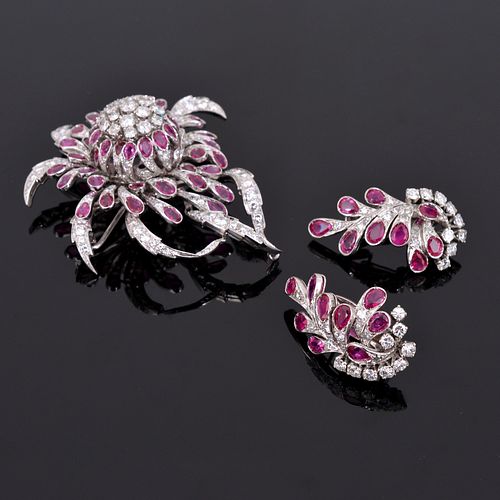 Enrico Serafini 18K Gold, Diamond & Ruby Estate Earrings & Brooch