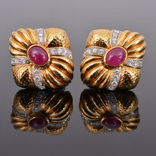 18K Gold, Ruby & Diamond Estate Earrings