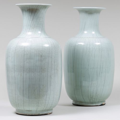 Pair of Modern Celadon Crackle Glazed Porcelain Vases 