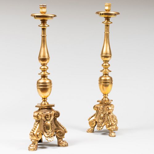 Two Tall Anglo-Flemish Baroque Style Brass Candlesticks