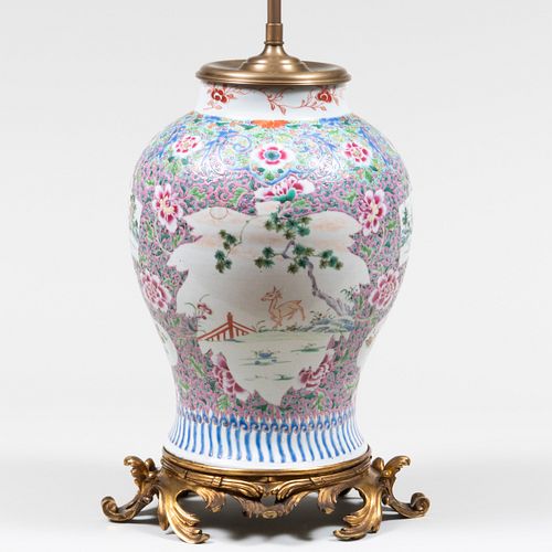 Chinese Gilt-Metal-Mounted Famille Rose Porcelain Jar Mounted as a Lamp