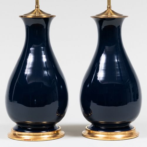 Pair of Christopher Spitzmiller Blue Glazed Porcelain Lamps