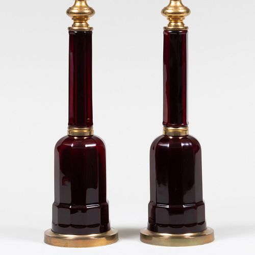 Pair of Ormolu-Mounted Ruby Glass Lamps