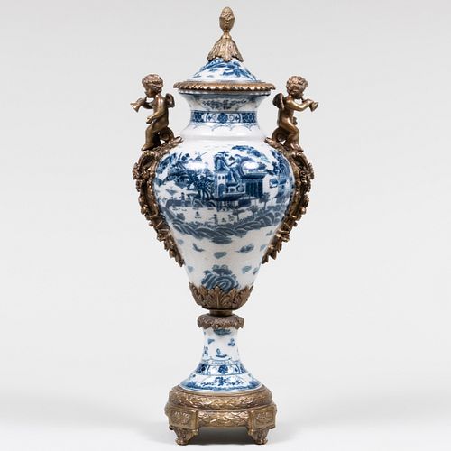 Gilt-Metal-Mounted Blue and White Porcelain Vase and Cover