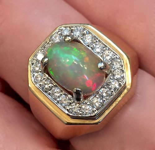 14K YELLOW GOLD OPAL AND DAMOND RING