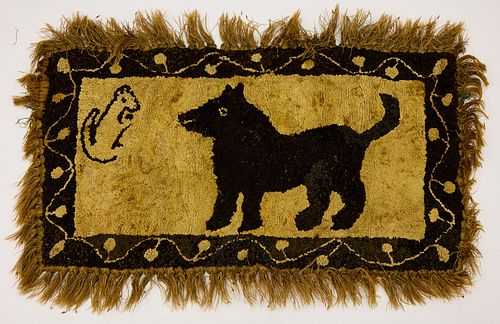 Hooked Rug of Black Dog and Squirrel