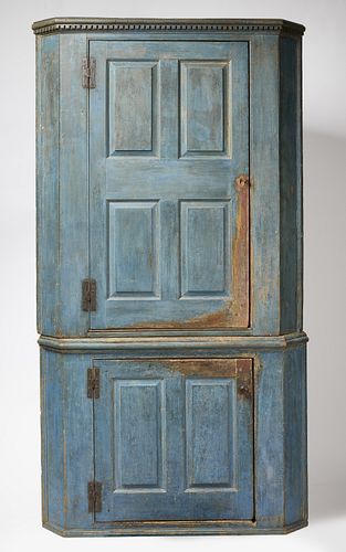 Early Blue Painted Corner Cupboard