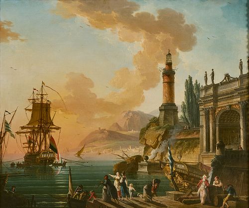 Painting of an Early Port with Lighthouse