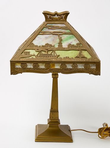 Leaded Lamp with Ships on Shade