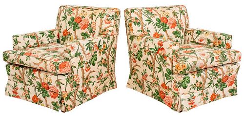 Chintz Upholstered Skirted Arm Chairs, Pair