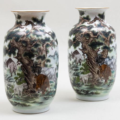 Pair of Chinese Famille Rose Porcelain Vases Decorated with Deer