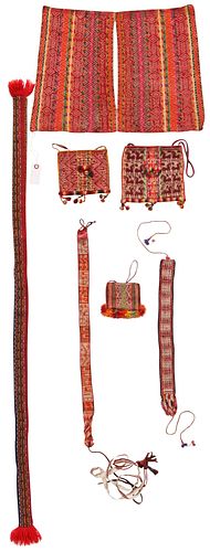 Group of Eight Peruvian Textiles: Three Purses, Four Belts and One Poncho
