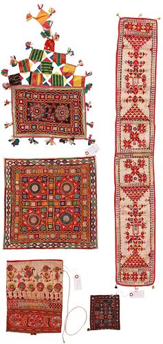 A Group of Five Indian Textiles Including a Sash, Square Panel, a Banner and Two Bags