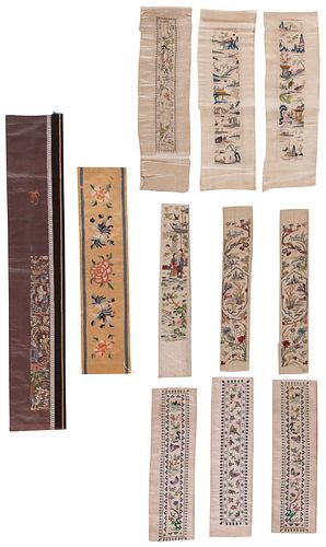 A Group of Ten Chinese Embroidered Silk Border Fragments